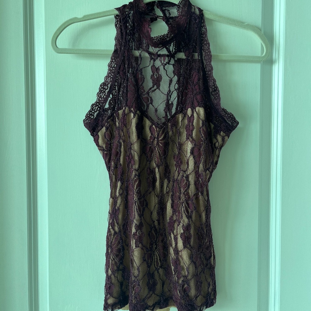 BSB Collection Burgundy Lace High Neck Sleeveless Top S